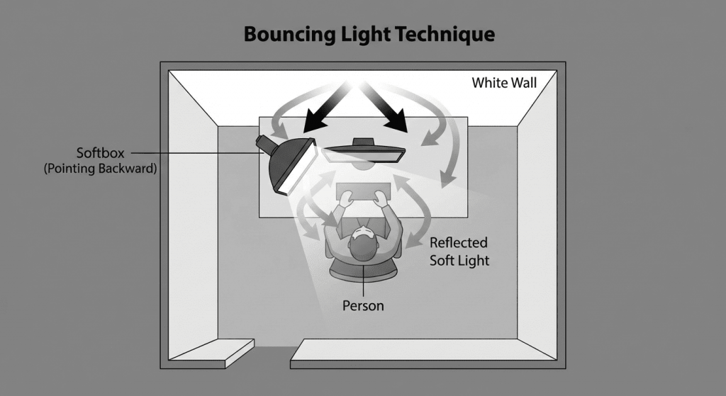 A diagram showing a "Bouncing Light" technique in a small room. A desk is against a wall. A person sits at the desk. A softbox light is positioned on the desk but is turned around, pointing at the white wall behind the monitor. Arrows show light hitting the wall and reflecting back softly onto the person's face.