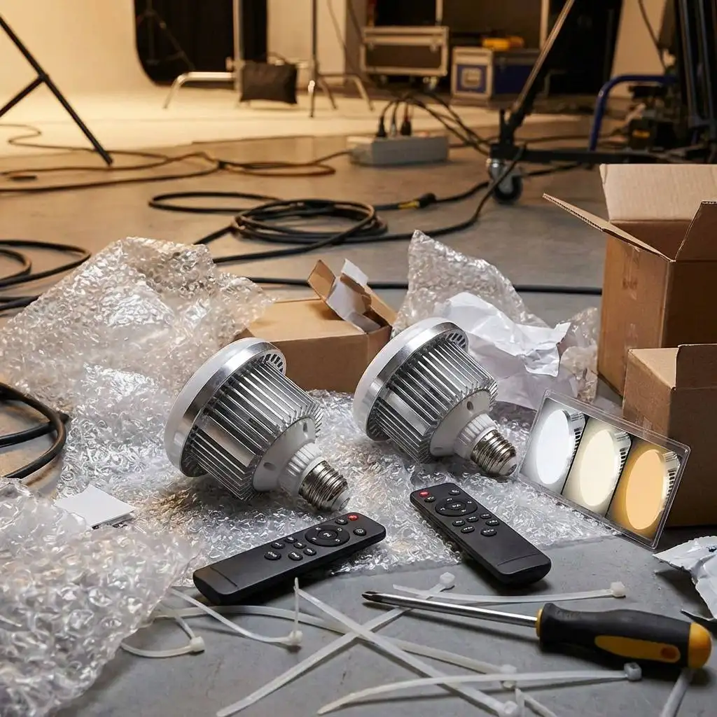 Scattered plastic lighting kit components spread across a studio floor during the assembly process. Scattered plastic lighting kit components spread across a studio floor during the assembly process.