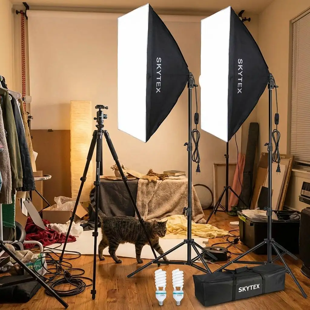 Cat walking past a precarious tripod in a cluttered home studio. Cat walking past a precarious tripod in a cluttered home studio.