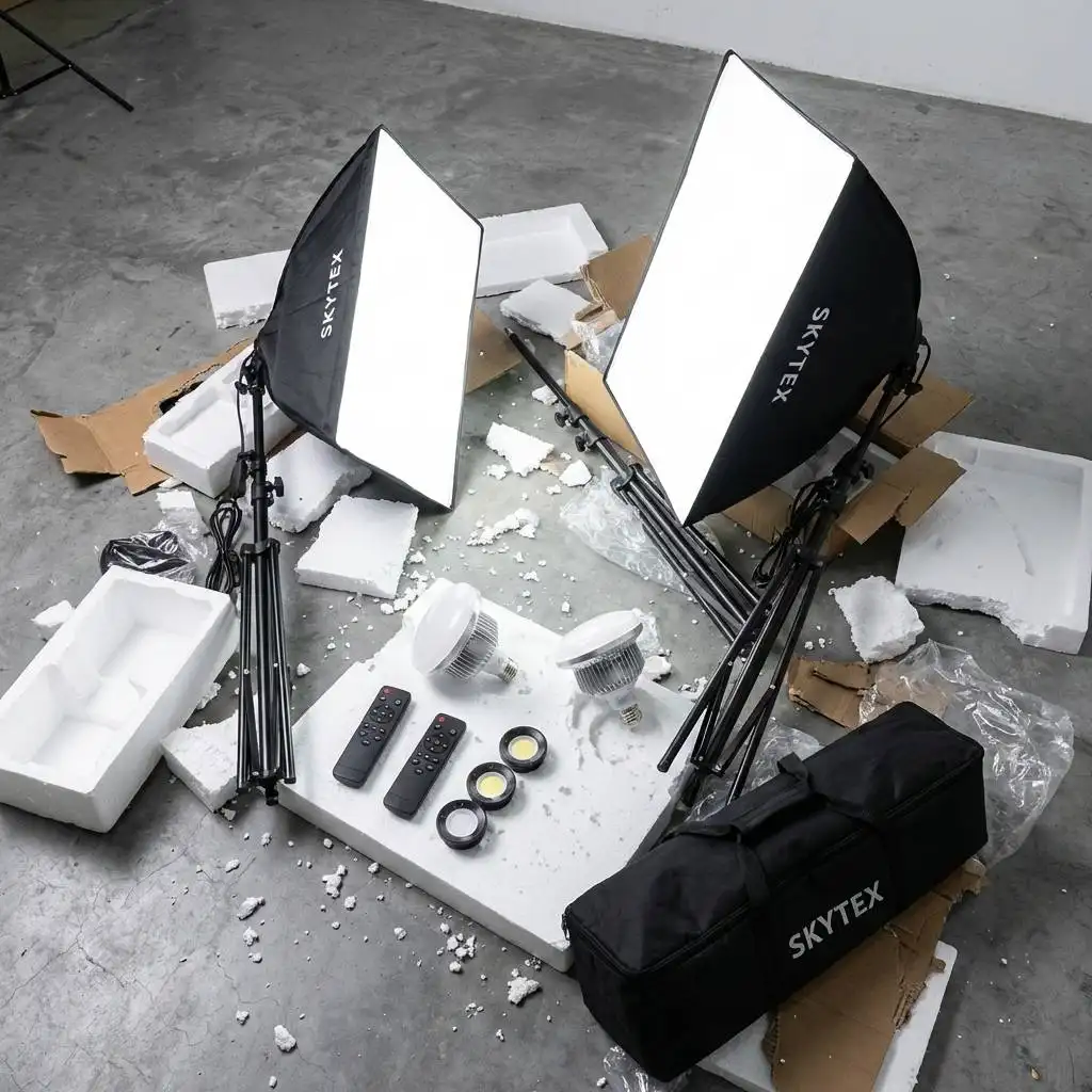 Raleno kit components and white Styrofoam packaging scattered across a gray concrete studio floor. Raleno kit components and white Styrofoam packaging scattered across a gray concrete studio floor.