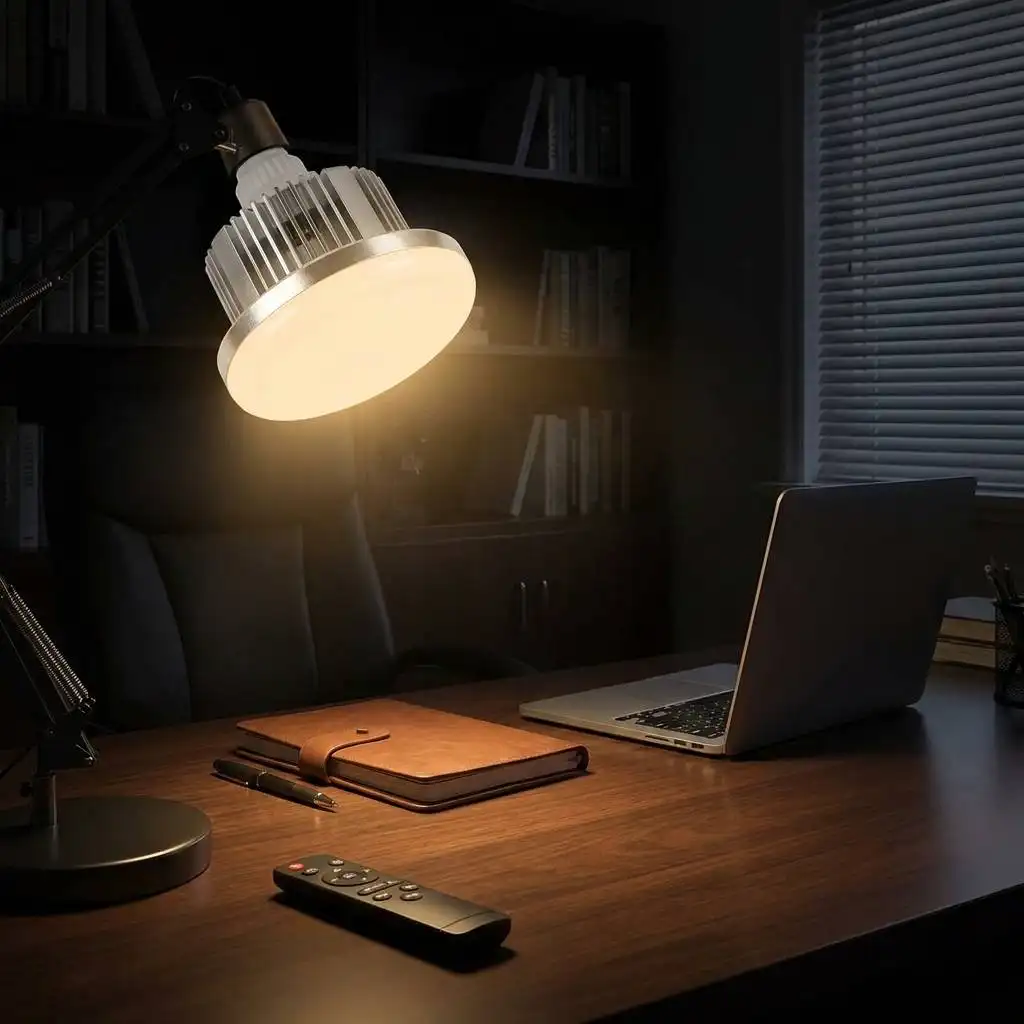 Warm desk lamp illuminating a wooden desk in a dark home office to showcase light temperature. Warm desk lamp illuminating a wooden desk in a dark home office to showcase light temperature.