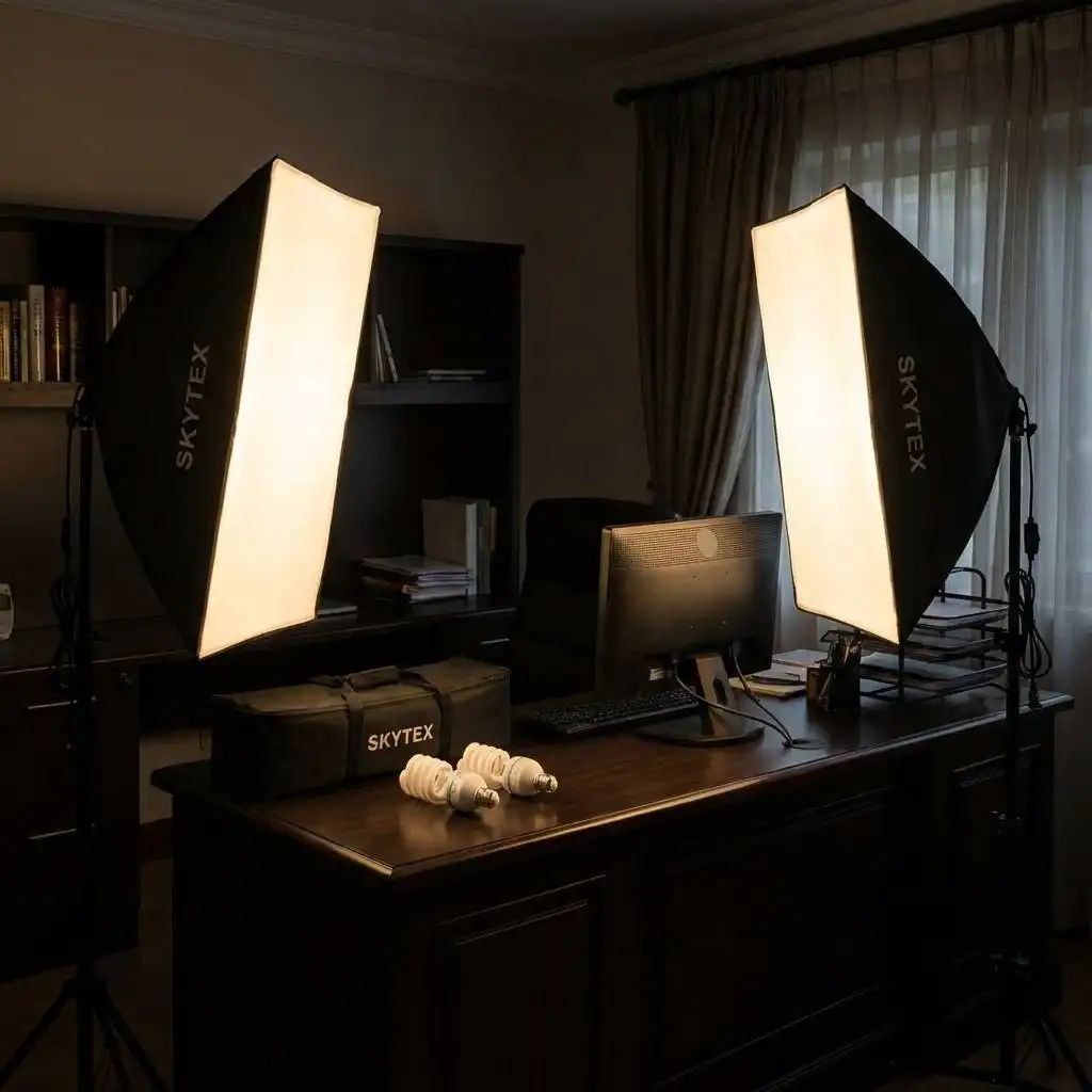 Illuminated Skytex softboxes positioned on both sides of a computer desk setup in a dimly lit home office. Illuminated Skytex softboxes positioned on both sides of a computer desk setup in a dimly lit home office.