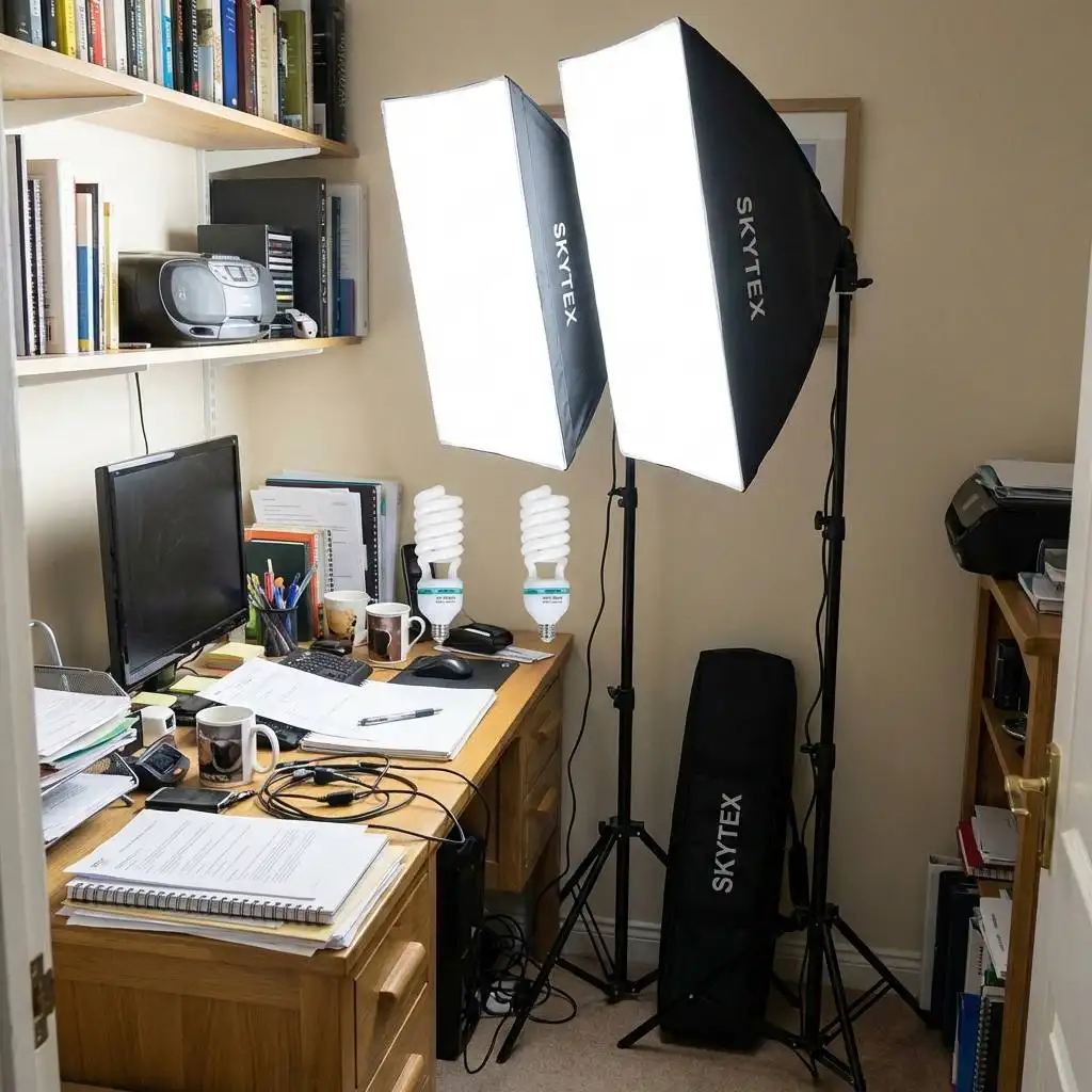 Professional lighting kit illuminating a cluttered desk in a cramped home office setup. Professional lighting kit illuminating a cluttered desk in a cramped home office setup.
