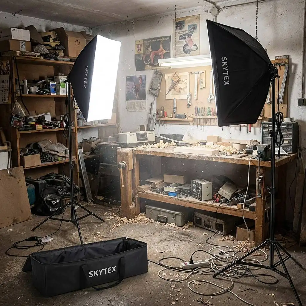 Studio lights illuminate a cluttered garage home studio with messy cables and a dusty workspace. Studio lights illuminate a cluttered garage home studio with messy cables and a dusty workspace.