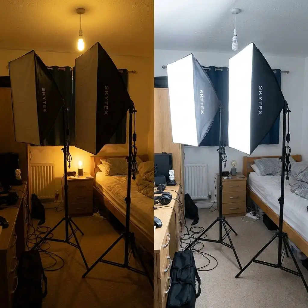 Side-by-side comparison of a bedroom studio contrasting dim yellow lighting with bright white light from Skytex bulbs. Side-by-side comparison of a bedroom studio contrasting dim yellow lighting with bright white light from Skytex bulbs.