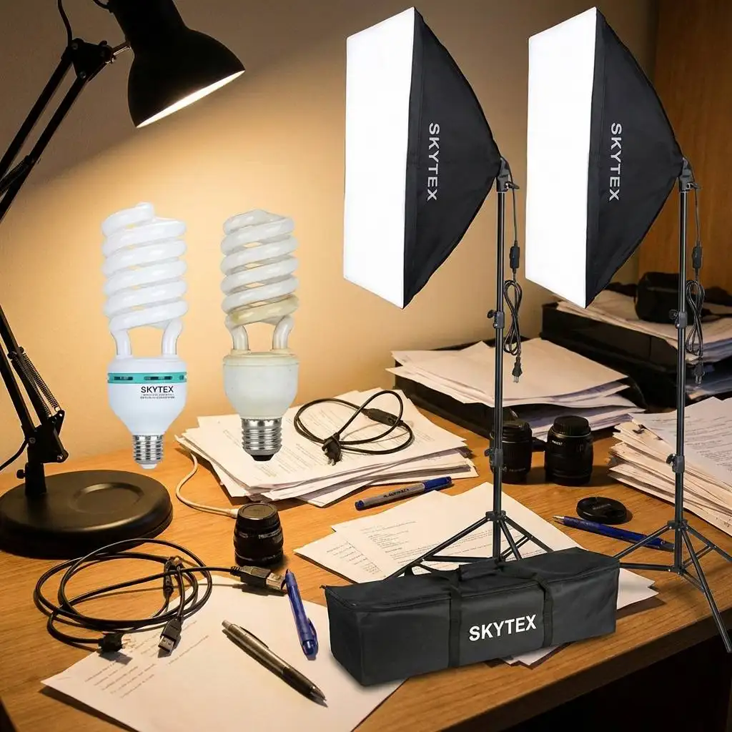 A polished Skytex bulb sits next to a rough, unbranded generic bulb on a messy desk for a side-by-side quality comparison. A polished Skytex bulb sits next to a rough, unbranded generic bulb on a messy desk for a side-by-side quality comparison.