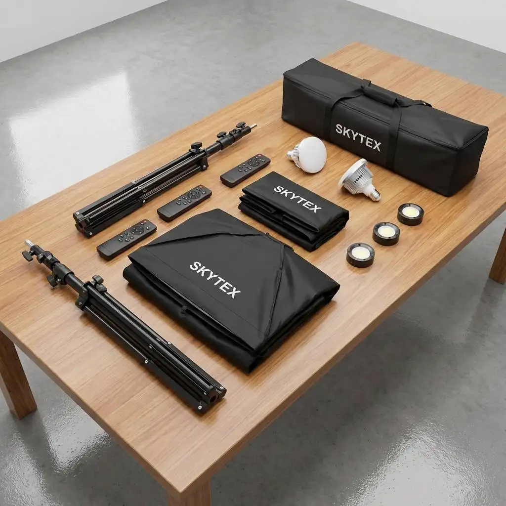 Disassembled photography lighting kit with softboxes, stands, and bulbs spread across a clean wooden table in a bright studio. Disassembled photography lighting kit with softboxes, stands, and bulbs spread across a clean wooden table in a bright studio.