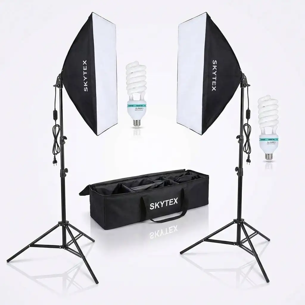 Neatly organized SKYTEX equipment kit and black carrying bag on a polished, professional studio floor. Neatly organized SKYTEX equipment kit and black carrying bag on a polished, professional studio floor.