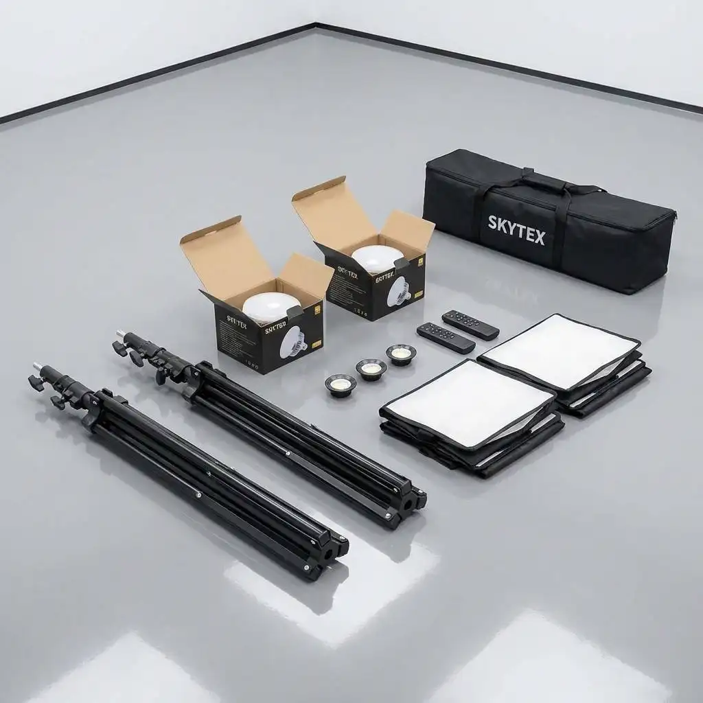 Professional studio lighting kit components, including folded stands and boxed bulbs, neatly arranged on a polished, clean floor. Professional studio lighting kit components, including folded stands and boxed bulbs, neatly arranged on a polished, clean floor.