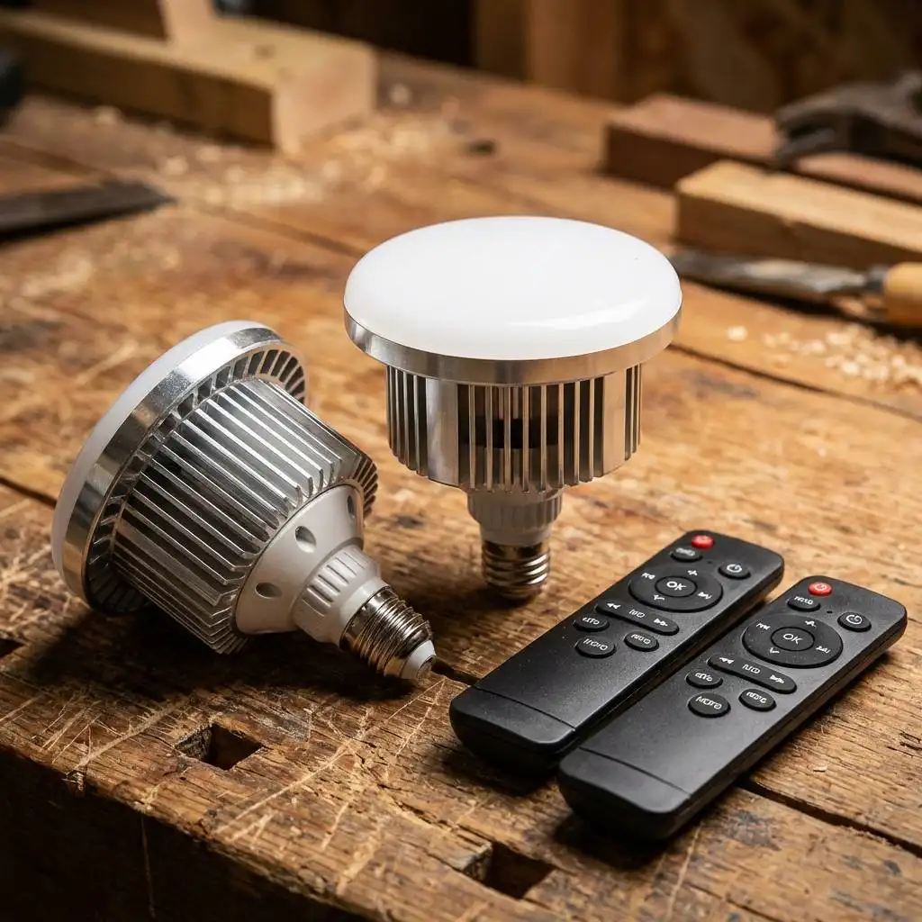 Skytex light bulbs featuring silver-ribbed heat sinks and matching remote controls on a wooden workbench. Skytex light bulbs featuring silver-ribbed heat sinks and matching remote controls on a wooden workbench.