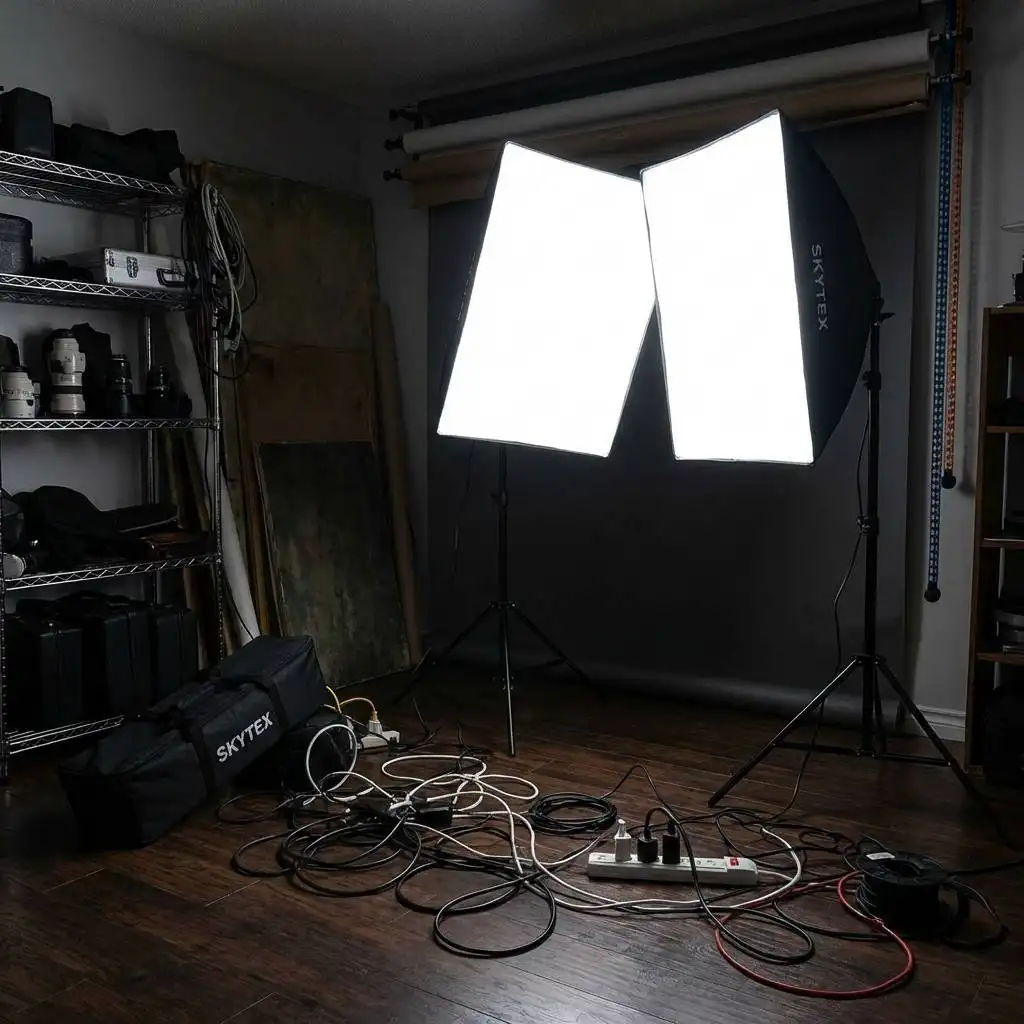 Illuminated Skytex studio kit setup in a dark home studio with floor cables and a nearby carrying bag. Illuminated Skytex studio kit setup in a dark home studio with floor cables and a nearby carrying bag.