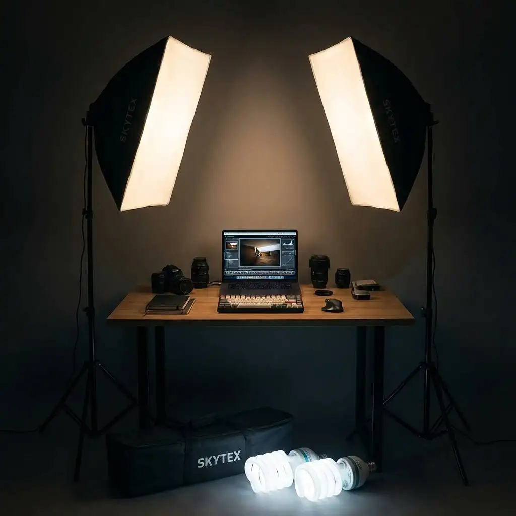 Softbox studio lighting illuminating a minimalist desk setup in a dark room. Softbox studio lighting illuminating a minimalist desk setup in a dark room.
